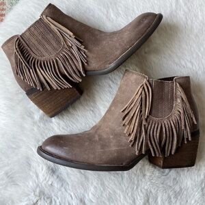 Distressed Taupe Suede Fringe Booties Boho Western Festival Born Danni
